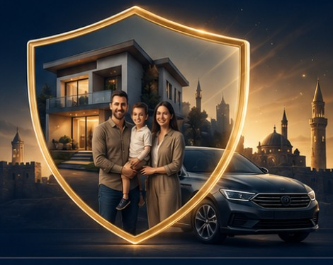 Konut, araç ve aileyi temsil eden sigorta görseli
